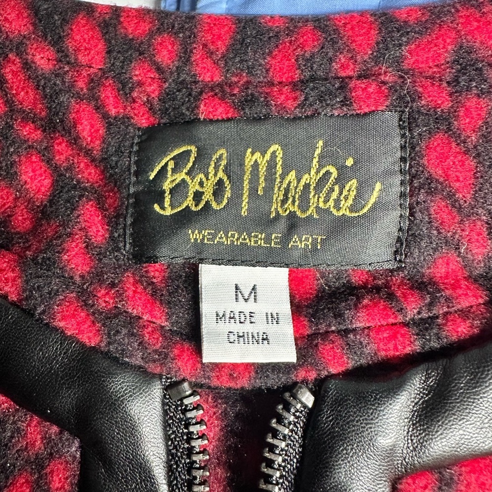 BOB MACKIE Wearable Art Red Black Faux Leather Trim Full Zip Jacket Sz M - Picture 4 of 6